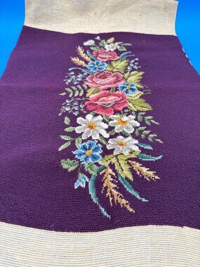 Vintage Floral Needlepoint Embroidery Panel Purple Fabric 34" x 21" Floral Grand